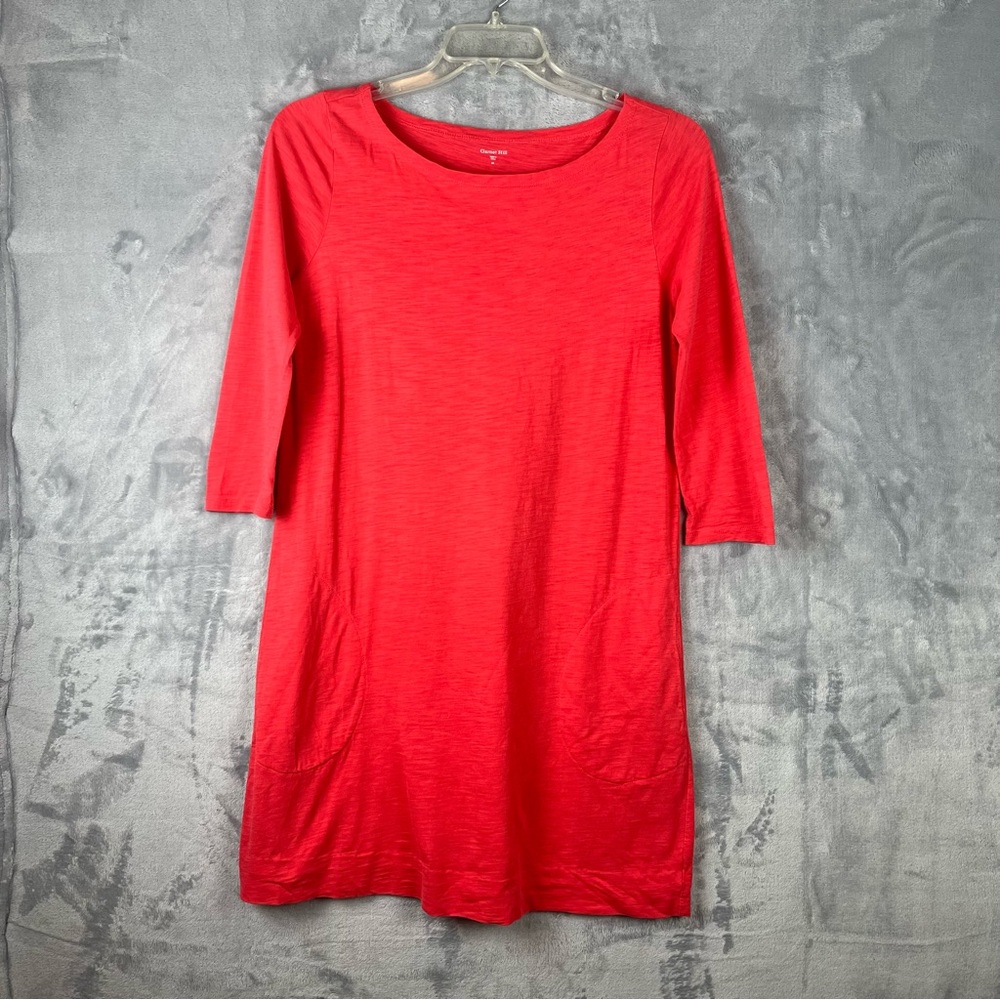Garnet Hill Coral Orange Tee Dress Sz 8 Organic Pima Cotton Pockets 3/4 Sleeves
